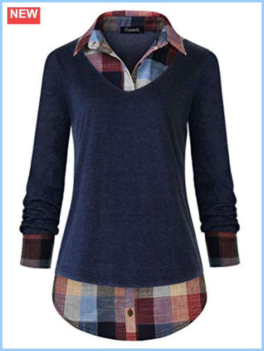 2 in 1 Tunic Top Plaid Collared Long Sleeve Pullover Blouse